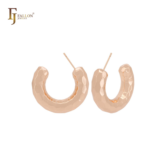 六角形纹理 C 形环 14K 金、玫瑰金、白金耳钉