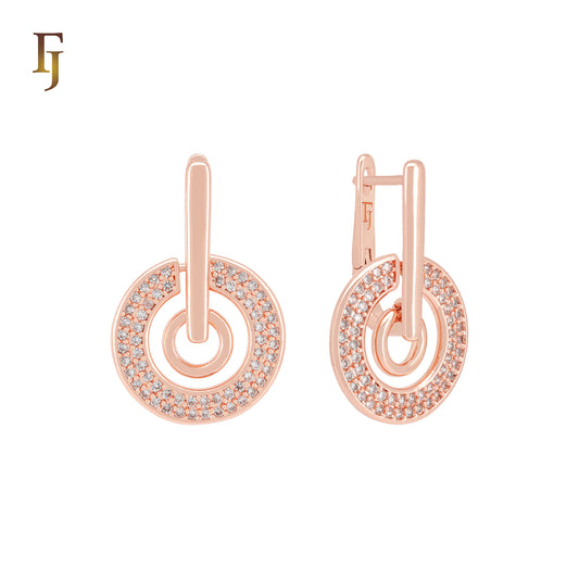 Double Circle of paved white CZs Rose Gold drop Russian Lock Earrings