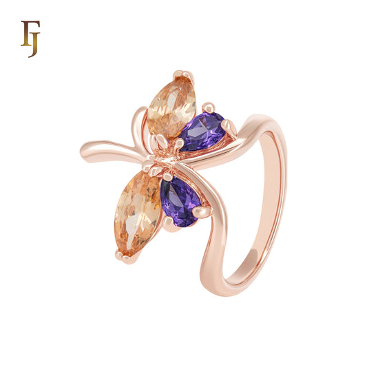Elegant Butterfly of CZs Colorful Rose Gold Fashion Rings