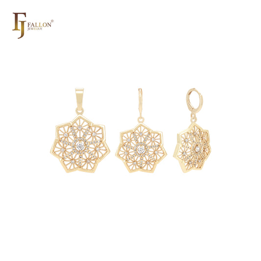 Conjunto de joias de ouro 14K com pingente em formato de floco de neve em forma de estrela heptágona CZS branca