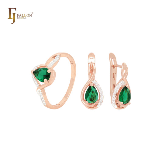 Conjunto de joias de dois tons com anéis e zircônia cúbica em formato de pera, rosa e roxo