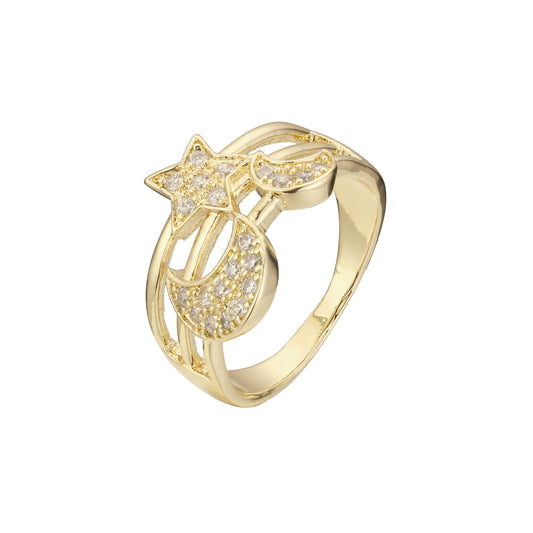 Star and moon plain design rings in 14K Gold, Rose Gold plating colors