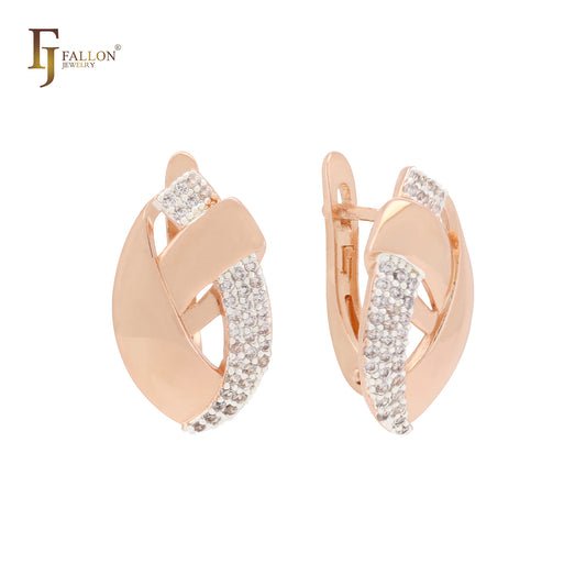 Overlapping Ribbons of white CZs Rose Gold two tone Russian Lock Earrings