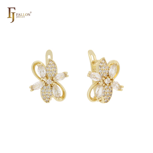 Great cluster leaves of white CZs 14K Gold Russian Lock Earrings