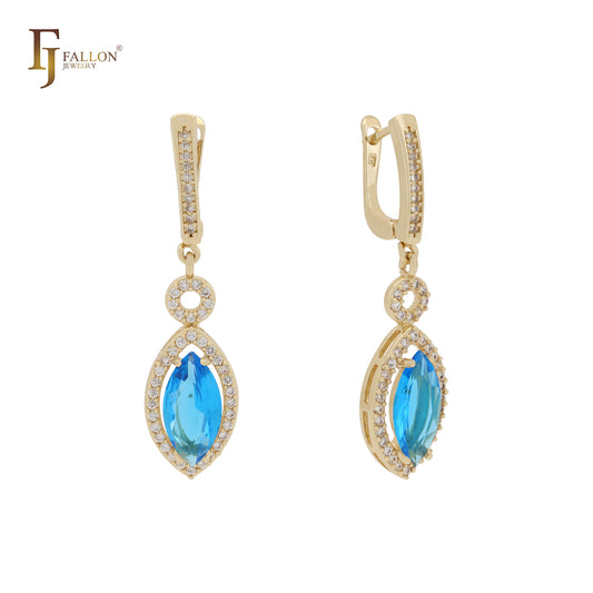 Luxurious Marquise solitaire CZ halo white CZs 14K Gold, Rose Gold Russian Lock Earrings