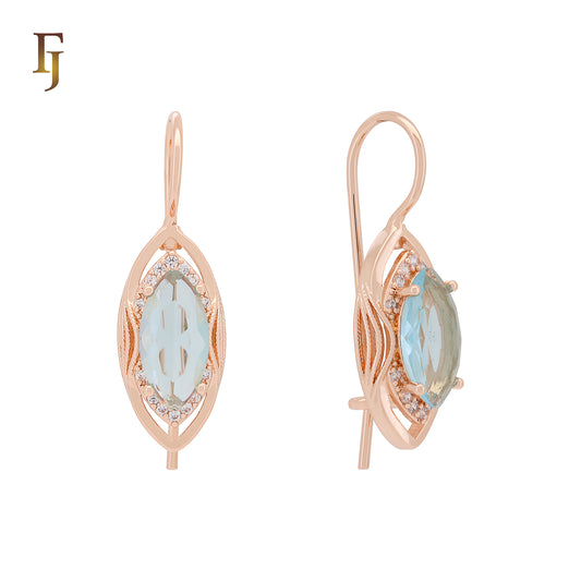 Rose Gold Wire Hook Earrings with Halo Zircon and Blue, Red, or Green Gem – 11×21.8mm | FJ Fallon Jewelry