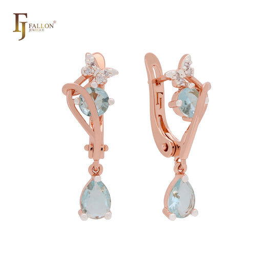 Cluster Lake Blue white CZs of Butterfly Rose Gold two tone Russian Lock Earrings