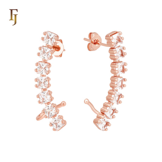 Cluster Squared white CZs 14K Gold, Rose Gold Cuff Clip Stud Earrings