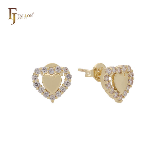 Pendientes de oro de 14 quilates con circonitas blancas y halo de doble corazón