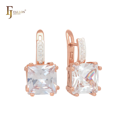 Squared White or blue CZ with paved white CZs band Rose Gold Russian Lock Earrings
