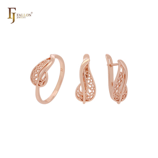 Conjunto de joias com anéis e folhas de filigrana em ouro rosa minimalista