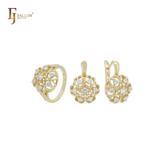 Conjunto de joyas de oro de 14 quilates en dos tonos con circonitas blancas en racimo y anillos