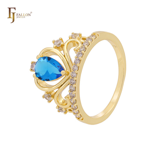 Anillo solitario en forma de pera con circonitas cúbicas coloridas en oro de 14 quilates, oro de 18 quilates y oro rosa con corona de circonitas blancas.