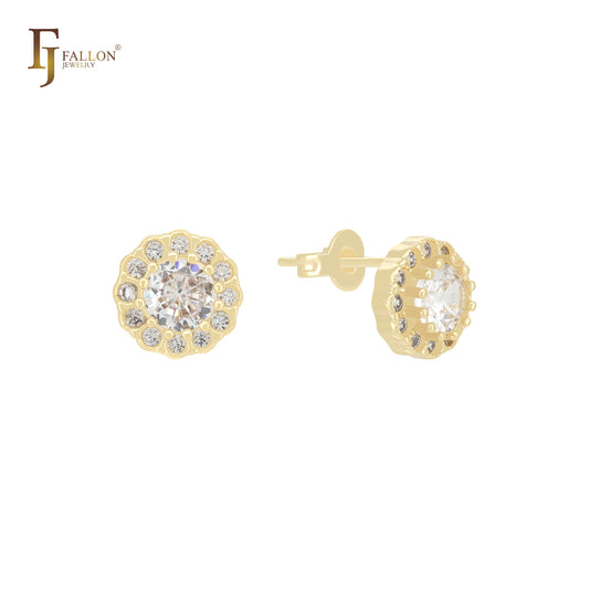 Pendientes de oro de 14 quilates con circonitas blancas redondeadas y halo