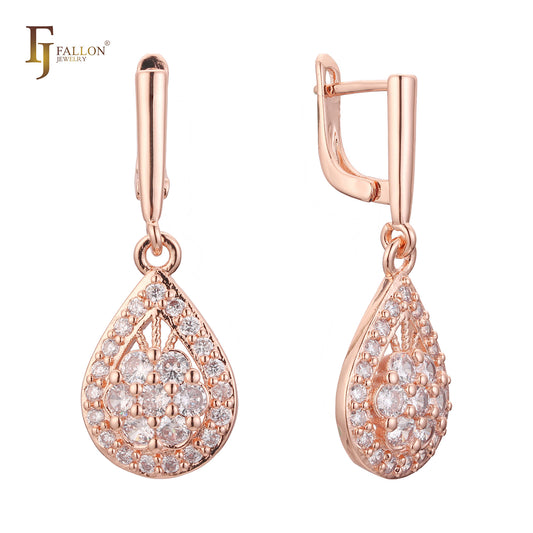 Drop Pear shape paved white CZs Rose Gold Russian Lock Earrings