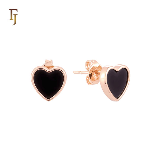 Heart of Black Onyx 14K Gold, Rose Gold Stud Earrings