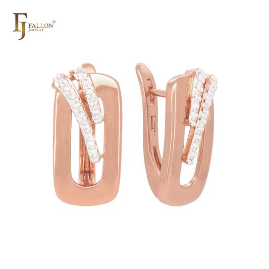 Oval rounded with two white CZs slashes Rose Gold Russian Lock Earrings