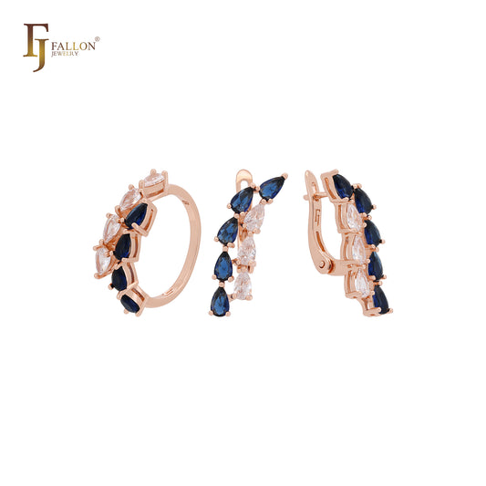 Conjunto de joyas con anillos y doble hilera de circonitas blancas y azules mixtas