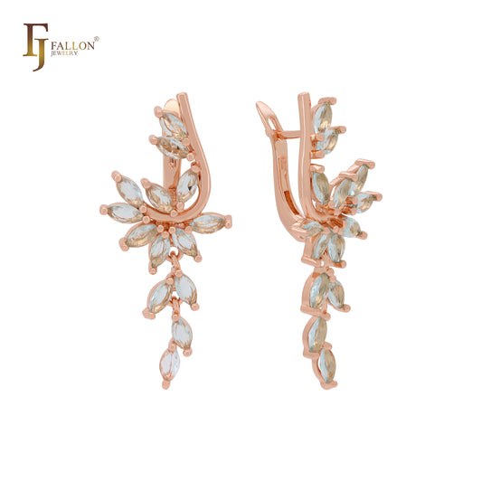 Luxurious Deep lake blue cluster CZs Rose Gold Russian Lock Earrings