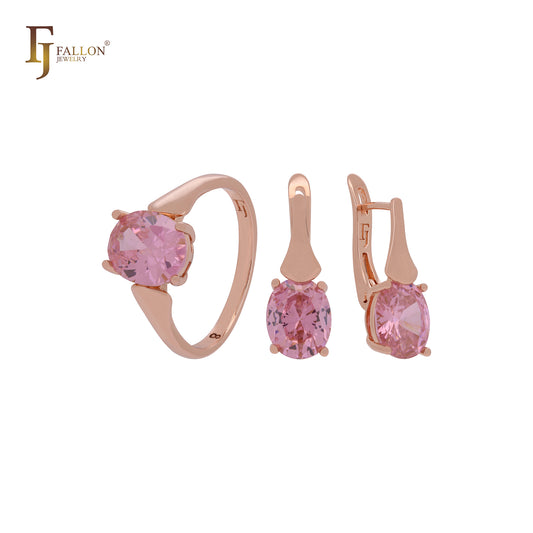 Conjunto de joyas de oro rosa con solitario ovalado de cuatro garras y circonita cúbica rosa con anillos