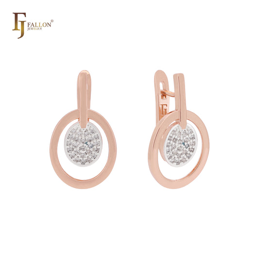 Circle with white paved CZs Rose Gold two tone Russian Lock Earrings