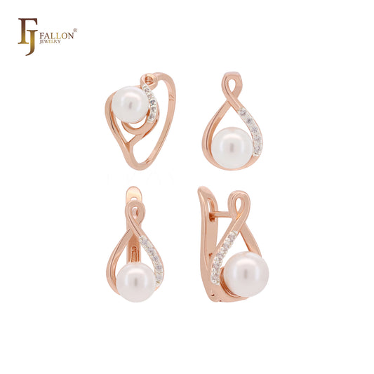 Conjunto de joias em dois tons de ouro rosa minimalista com pérolas e zircônias cúbicas brancas, anéis e pingente