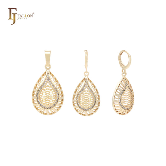 Conjunto de joias de ouro 14K com pingente e filigrana em formato de lágrima e zircônias cúbicas brancas