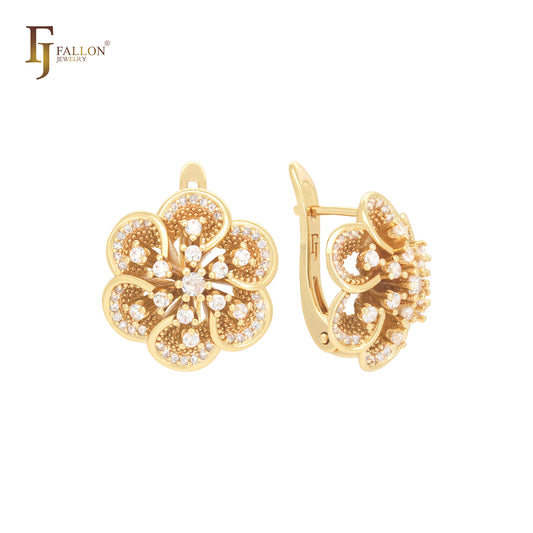 Elegant thousand paved white CZs 14K Gold Russian Lock Earrings