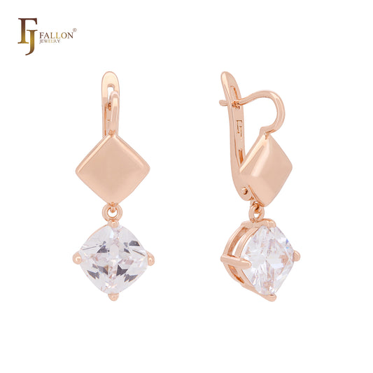 Solitaire Cushion Cut white CZ with Rhombus Rose Gold Russian Lock Earrings