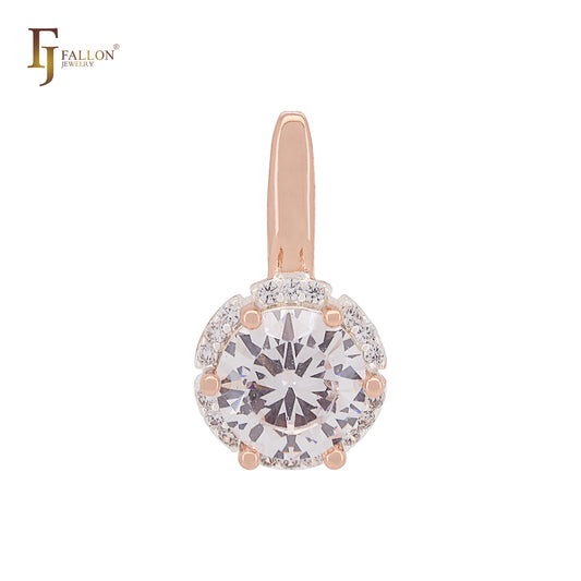Pingente solitário Halo grande, redondo, colorido, CZ, ouro rosa, dois tons