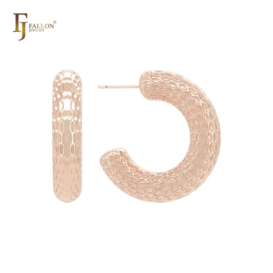 椭圆形珠子纹理 C 形环 14K 金、玫瑰金、白金耳钉