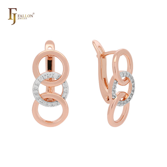 Triple interlocking circles minimalism 14K Gold, Rose Gold two tone Russian Lock Earrings