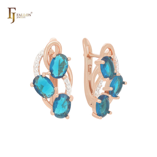Triple ocean blue CZs cluster Rose Gold two tone Russian Lock Earrings