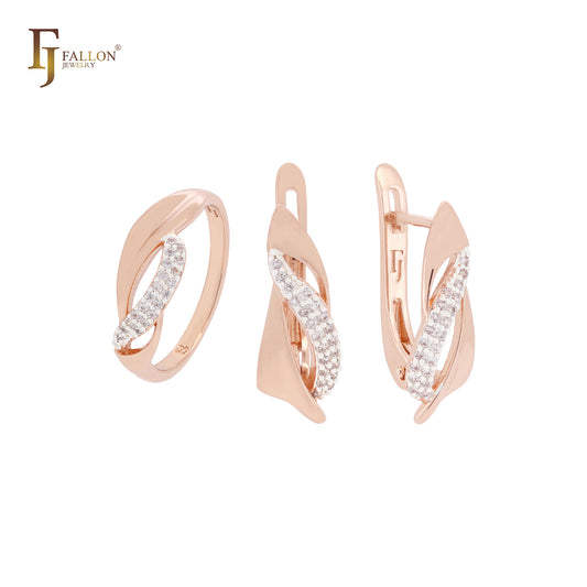 Conjunto de joias em dois tons com zircônias cúbicas brancas entrelaçadas e anéis em ouro rosa