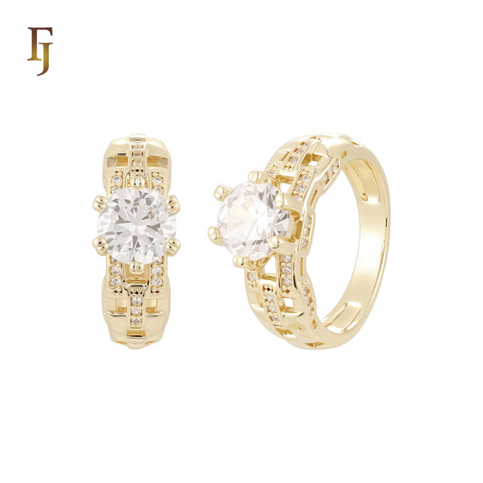 Chain link design white CZs 14K Gold Wedding Set Rings