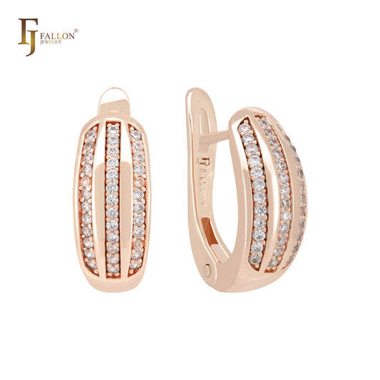 Triple white Czs Cluster 14K Gold, Rose Gold Oval Russian Lock Earrings