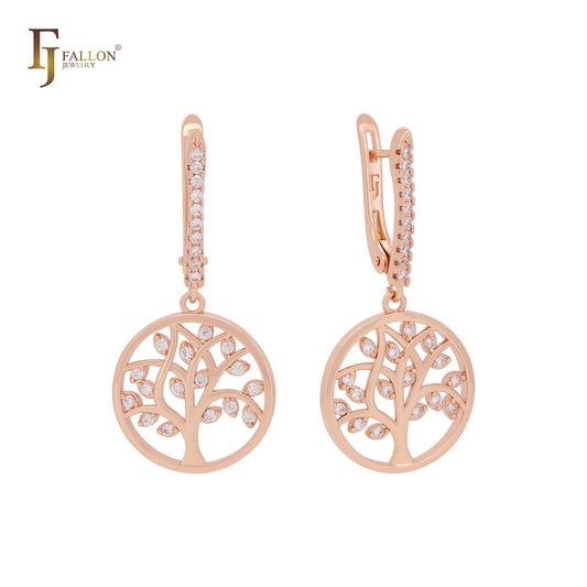 Tree of life cluster white CZs in a circle Rose Gold Russian Lock Earrings
