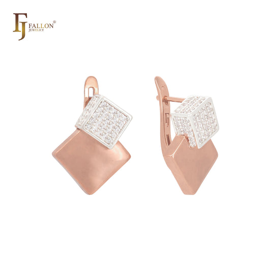 Glittering white CZs cube embedded in cube Rose Gold Russian Lock Earrings
