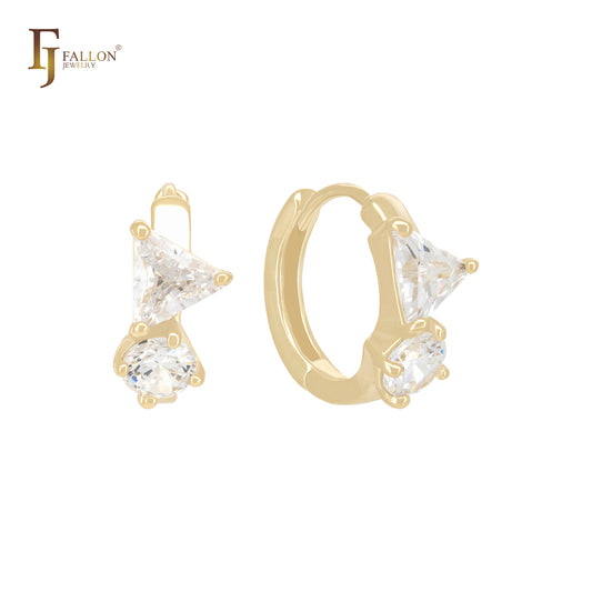 Треугольные белые круглые серьги-хаги из золота 14 карат с фианитами