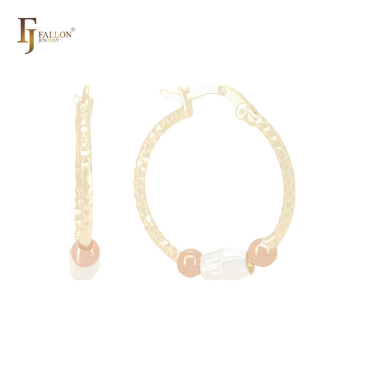 Three tone plated Beads textured 14K Gold Rose Gold Hoop Earrings