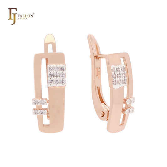 Squared with white CZs geometric Rose Gold two tone Russian Lock Earrings