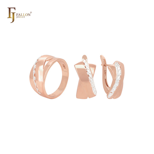 Conjunto de joias em dois tons com fitas de cruzamento duplo e anéis em ouro rosa geométrico