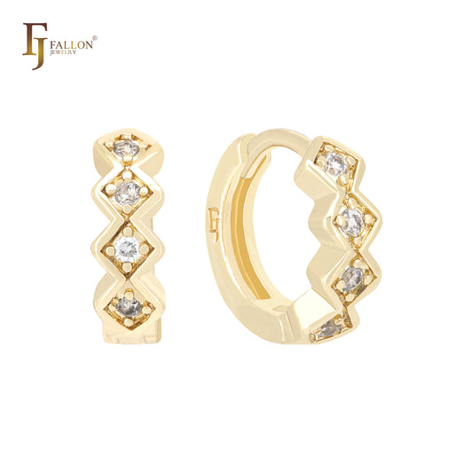 Серьги-хаггисы с повторяющимся ромбом и белыми фианитами из 14-каратного золота