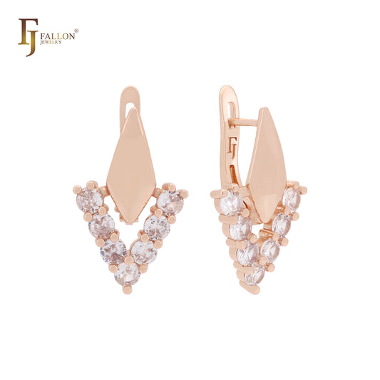 Chevron V shaped white cluster CZs lock geometric Rose Gold Russian Lock Earrings
