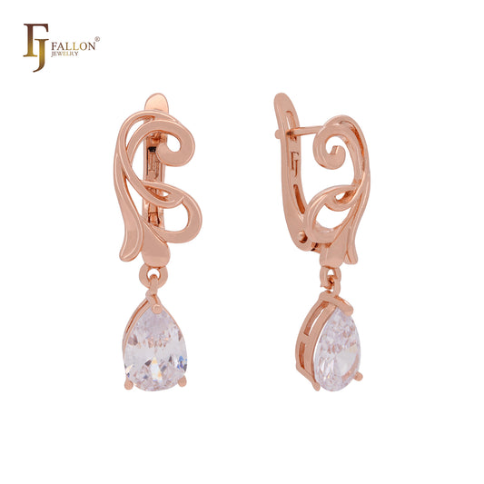 Elegant pear shape white CZ Rose Gold Russian Lock Earrings
