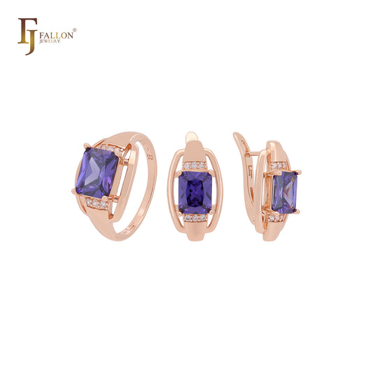 Conjunto de joyas de oro rosa con circonitas cúbicas moradas cuadradas y anillos