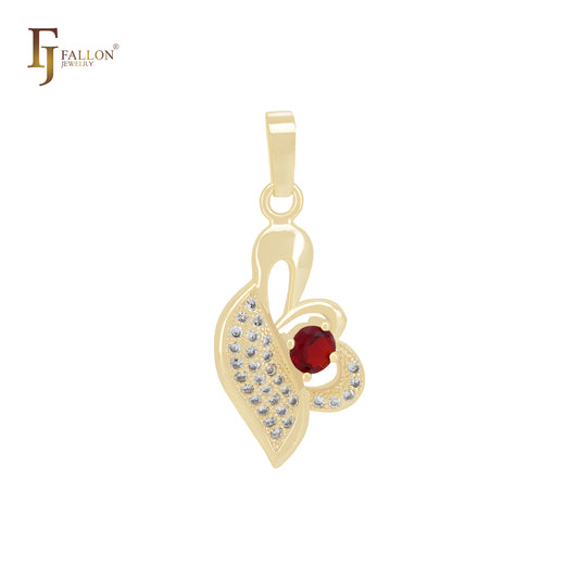 Подвеска из ромбовидных листьев из белого фианита с красным фианитом 14 карат