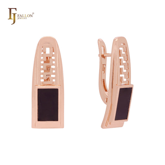 Greek key meander black squared Rose Gold Russian Lock Earrings