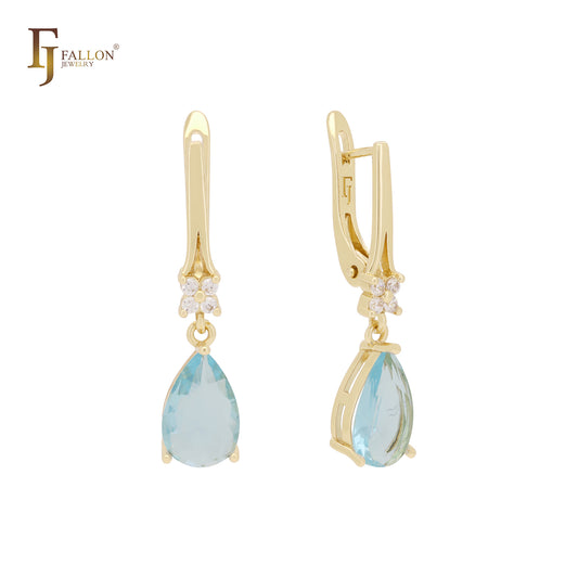 Solitaire pear shape teardrop drop lake blue Rose Gold CZ Russian Lock Earrings