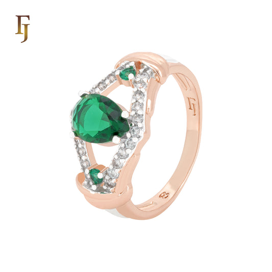 Double Paved white CZs clawed Emerald Rose Gold two tone Fashion Rings